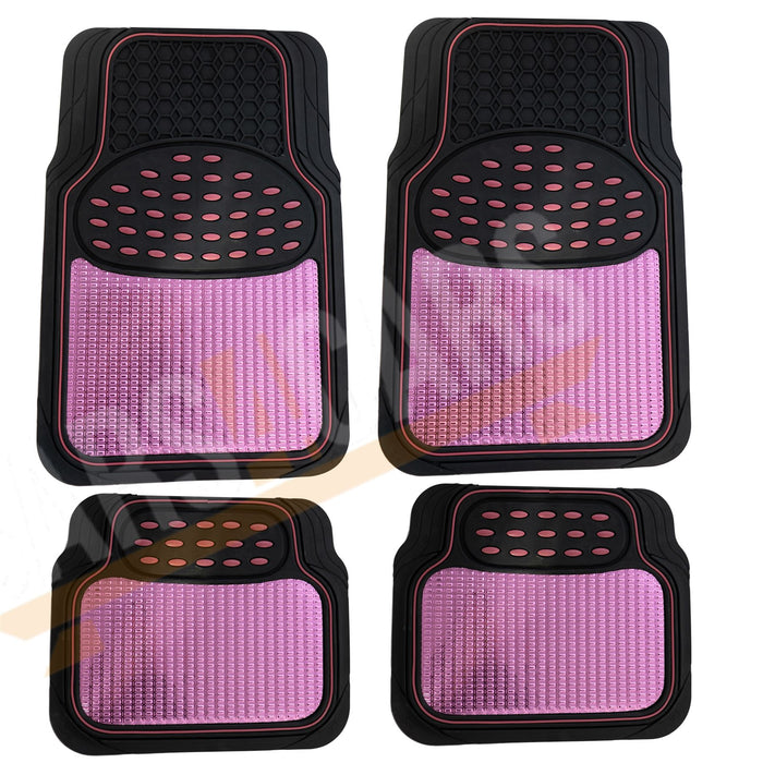 Shiney Pink Metallic Checker Style Car Heavy Duty Black Rubber Set of 4 Mats Set