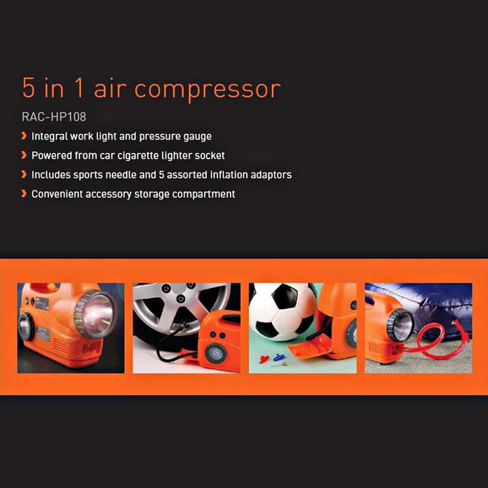 Heavy Duty RAC 12V 5 In 1 Air Compressor Torch Tyre Inflator Deflator Pump Town Parts  - Dynamic Drive