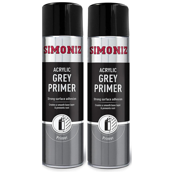 2x Simoniz Large Grey Primer Acrylic Aerosol Auto Car Spray Paint 500ml SIMP11D