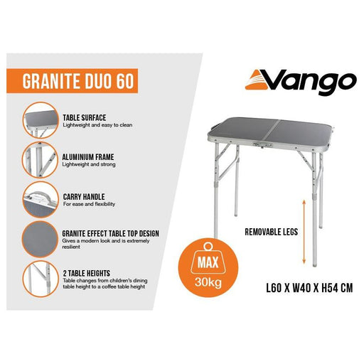 Vango Granite Duo 60 Aluminium Frame Table, Foldable Table with Adjustable Legs Vango  - Dynamic Drive