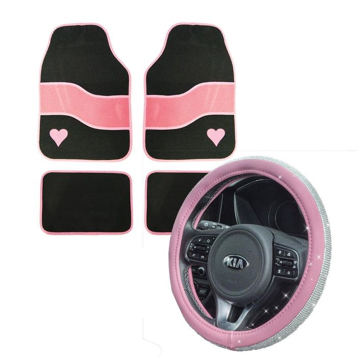 Streetwize Black/Pink Love Heart Mats Set & Diamond Sparkle Steering Wheel Cover