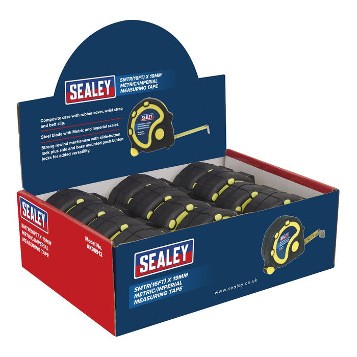 Sealey Rubber Tape Measure 5m(16ft) x 19mm Metric/Imperial Display Box of 12 Sealey  - Dynamic Drive