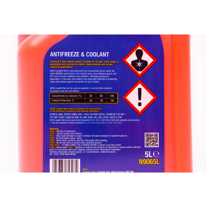 NAPA Red Antifreeze & Coolant Concentrate 5L Long Life Hi Spec 5 Litre