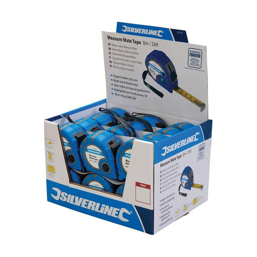 Silverline Measure Mate Tape Display Box 24pce 8m / 26ft x 25mm Silverline  - Dynamic Drive