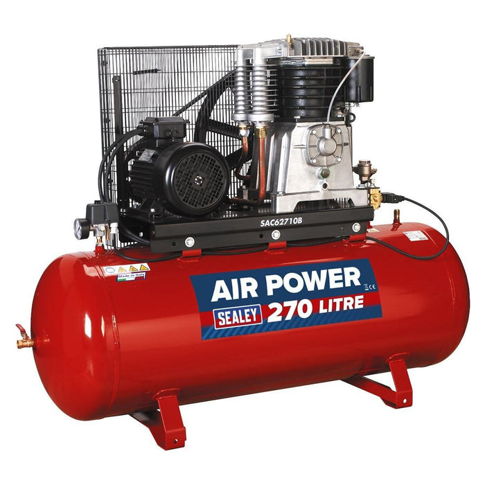 Sealey Air Compressor 270L Belt Drive 10hp 3ph 2-Stage with Cast Cylinders