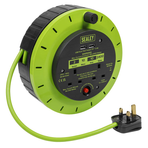 10m Cassette Type Cable Reel with Thermal Trip 2 x 230V & 2 x USB - Hi-Vis Green Sealey  - Dynamic Drive