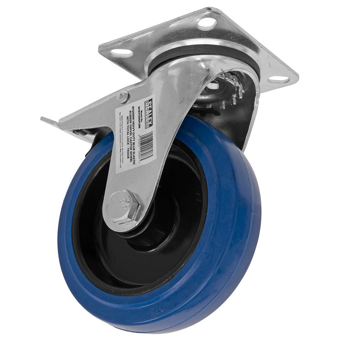 Sealey Heavy-Duty Blue Elastic Rubber Swivel Castor Wheel with Total Lock125mm T