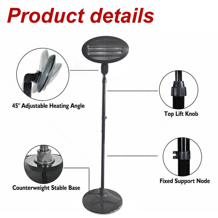 Electric Patio Heater Outdoor Garden Free Standing Quartz 2000w Waterproof 6-7ft Gardenwize  - Dynamic Drive