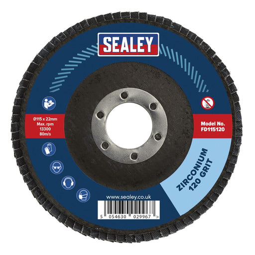 Sealey 115mm Zirconium Flap Discs 120Grit 22mm Bore - Pack of 10 FD11512010 Sealey  - Dynamic Drive