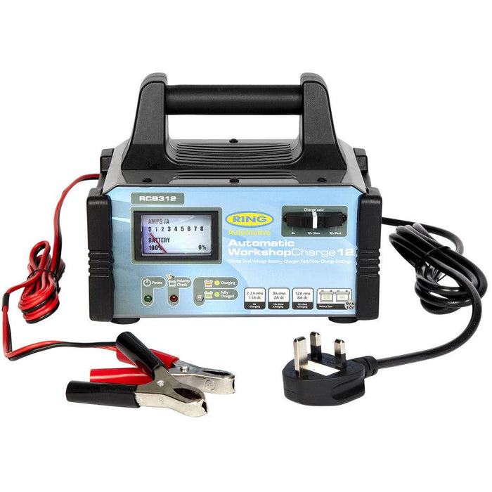 Ring RCB312 Workshop Dual 6v 12v 12Amp 3000cc Car Automatic Fast Battery Charger