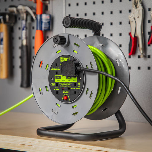 Sealey 25m Cable Reel with Thermal Trip 4 x 230V - Hi-Vis Green BCR25G Sealey  - Dynamic Drive