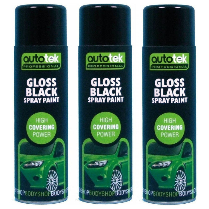 3x AUTOTEK Professional Gloss Black 500ml Spray Paint High Coverage