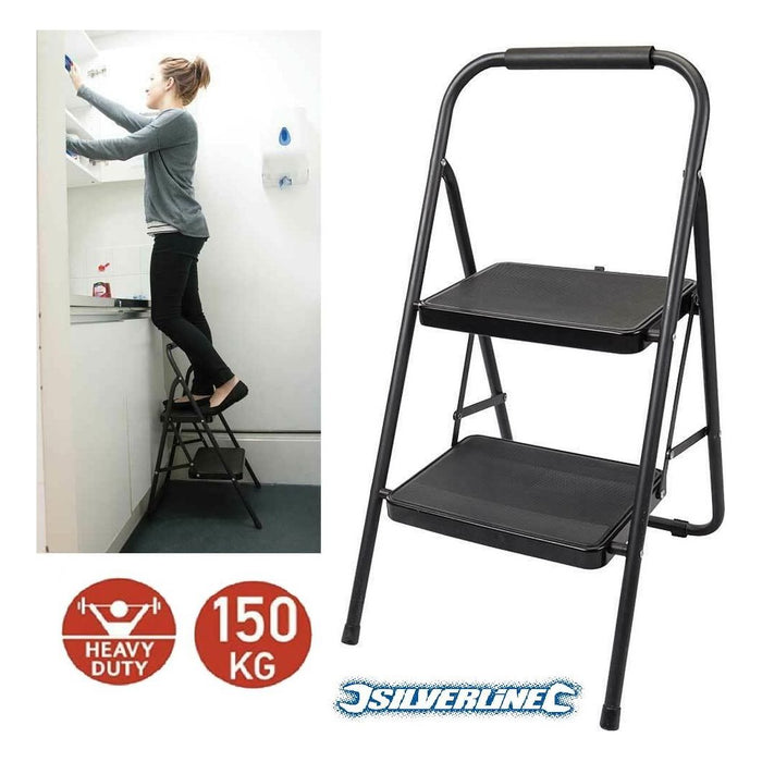 Foldable 2 Step Ladder Non Slip Tread Safety Steel Small Stool Ladders Kitchen