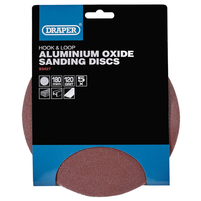 Draper Hook and Loop Aluminium Oxide Sanding Discs, 180mm, 120 Grit (Pack of 5)