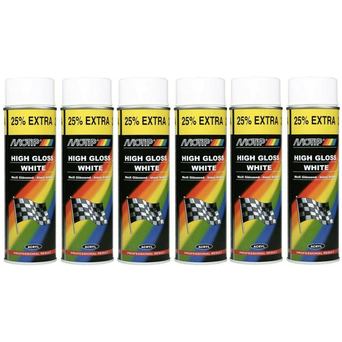 6 x Motip HIGH GLOSS WHITE Spray Paint Metal Wood Glass Plastic 500ml