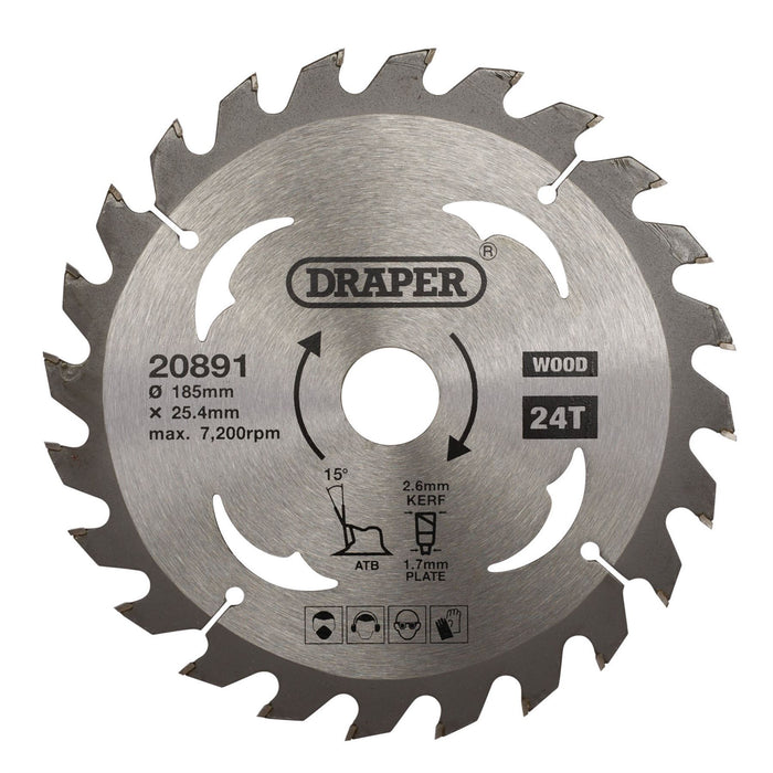 Draper TCT Circular Saw Blade for Wood, 185 x 25.4mm, 24T 20891 Draper  - Dynamic Drive