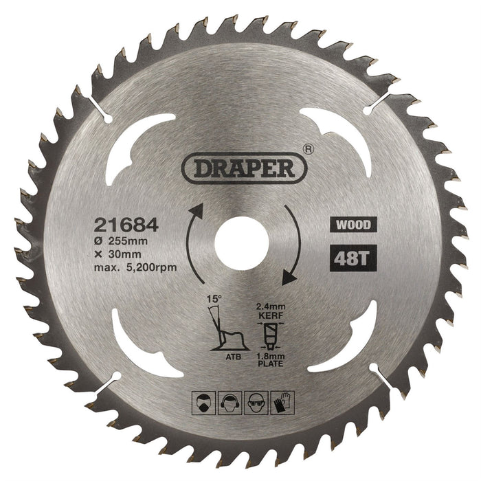 Draper TCT Circular Saw Blade for Wood, 255 x 30mm, 48T 21684