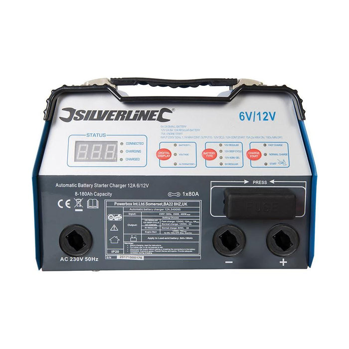 Silverline Automatic Battery Starter Charger 12A 6/12V 8-180Ah Capacity Silverline  - Dynamic Drive