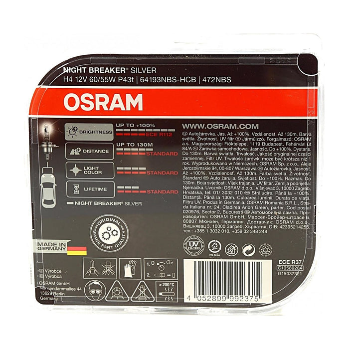 Osram Performance Bulbs - H4 up to +100% More Brightness - (472) P43t - Halogen - NIGHT BREAKER SILVER