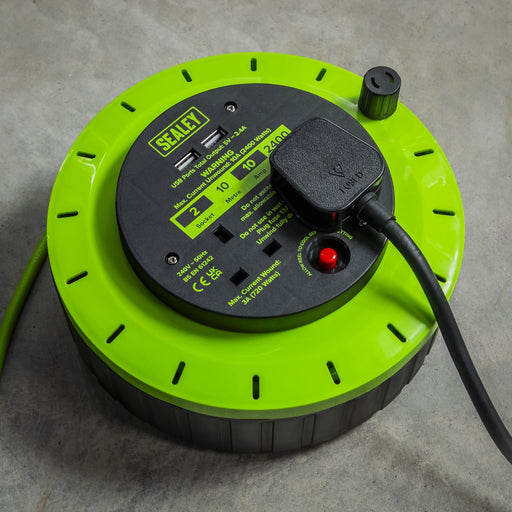 10m Cassette Type Cable Reel with Thermal Trip 2 x 230V & 2 x USB - Hi-Vis Green Sealey  - Dynamic Drive