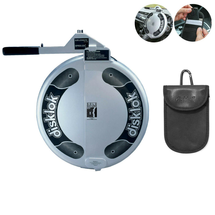 Small Silver Disklok Steering Wheel Security Anti Theft Clamp + Small Rfid Pouch Disklok  - Dynamic Drive